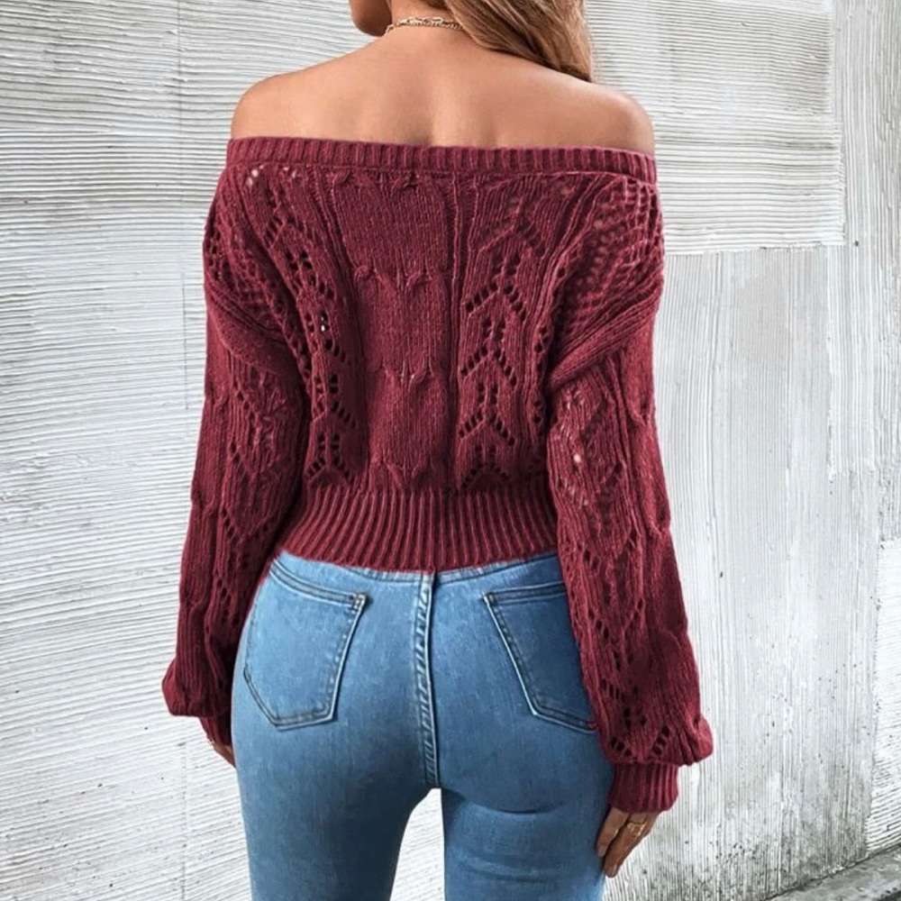 Off The Shoulder Pointelle Knit Crop Sweater - Picture 3 of 7